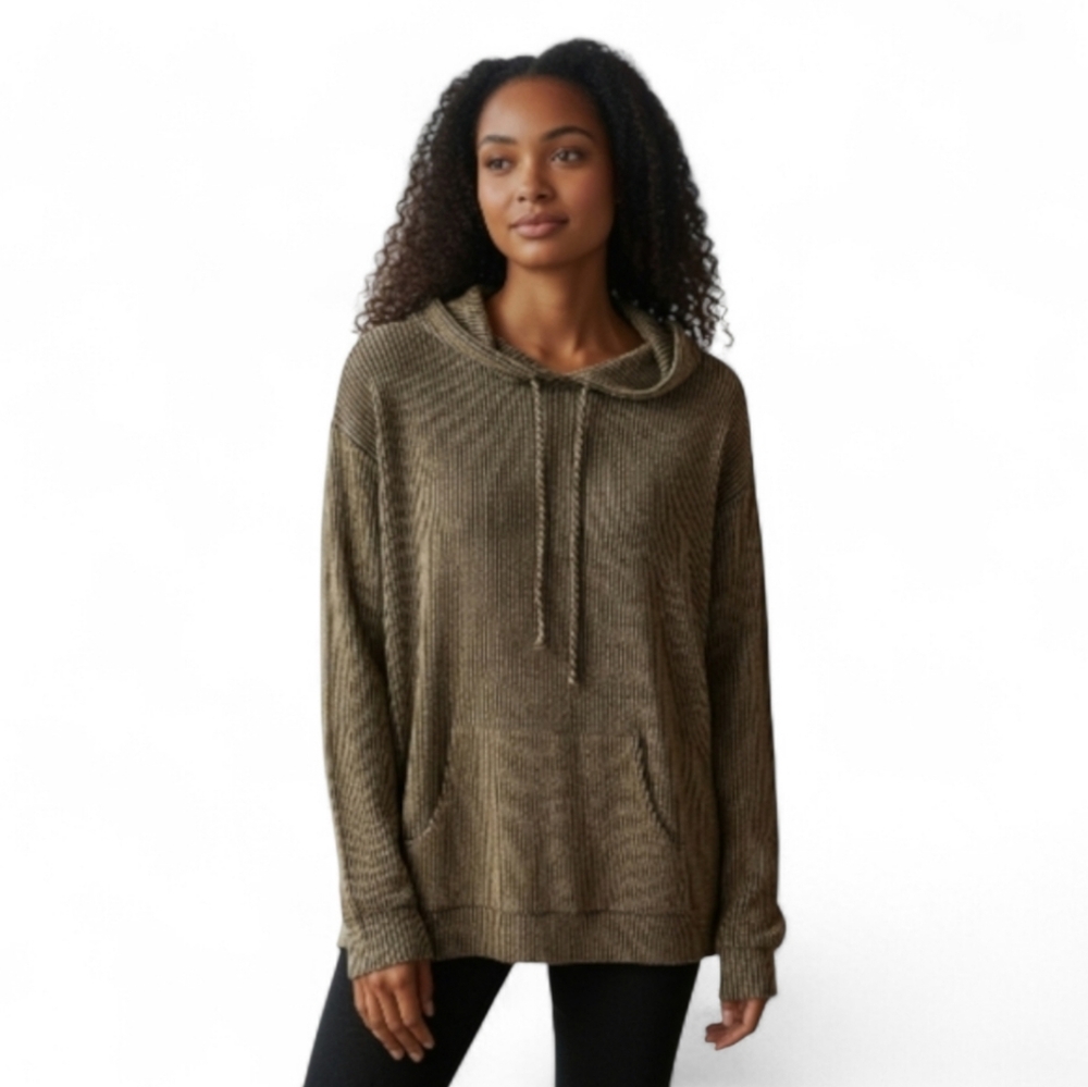 Olive Green Ribbed Stretchy Hoodie with Kangaroo Pocket women's Medium